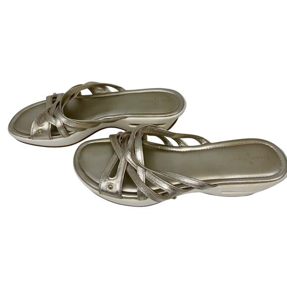 COLE HAAN Women's Sandals Gold Metallic Size 10 B Leather Wedge Slides Shoes‎ - Picture 2 of 14